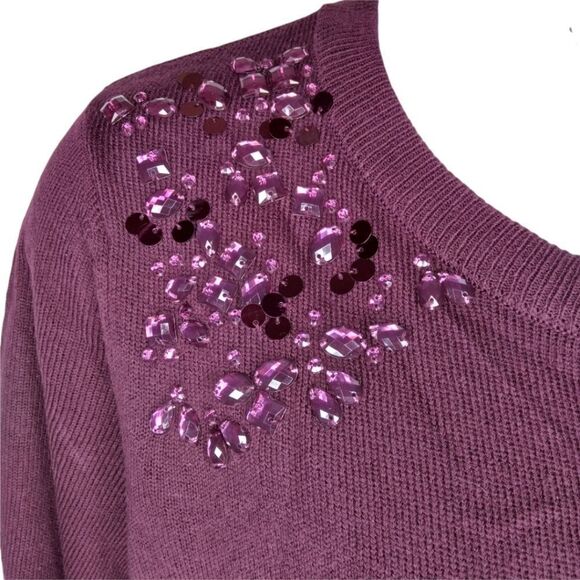ROZ & ALI Crew Neck Eggplant Rhinestone Sweater 1X - Picture 4 of 6